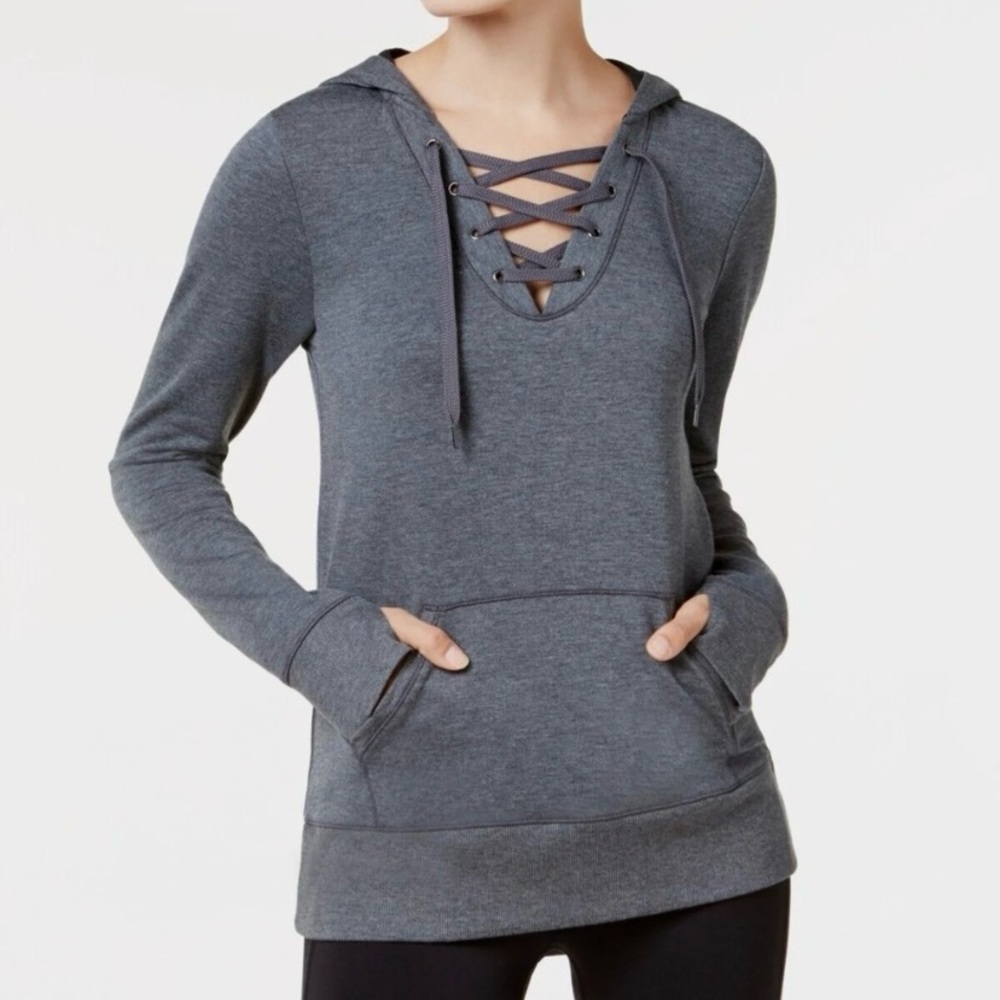 Ideology Charcoal Heather Gray Lace-Up Hoodie Sweatshirt
